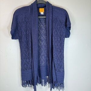 Ruby Rd violet purple blue open knit kimono sweater cardigan boho medium fringe